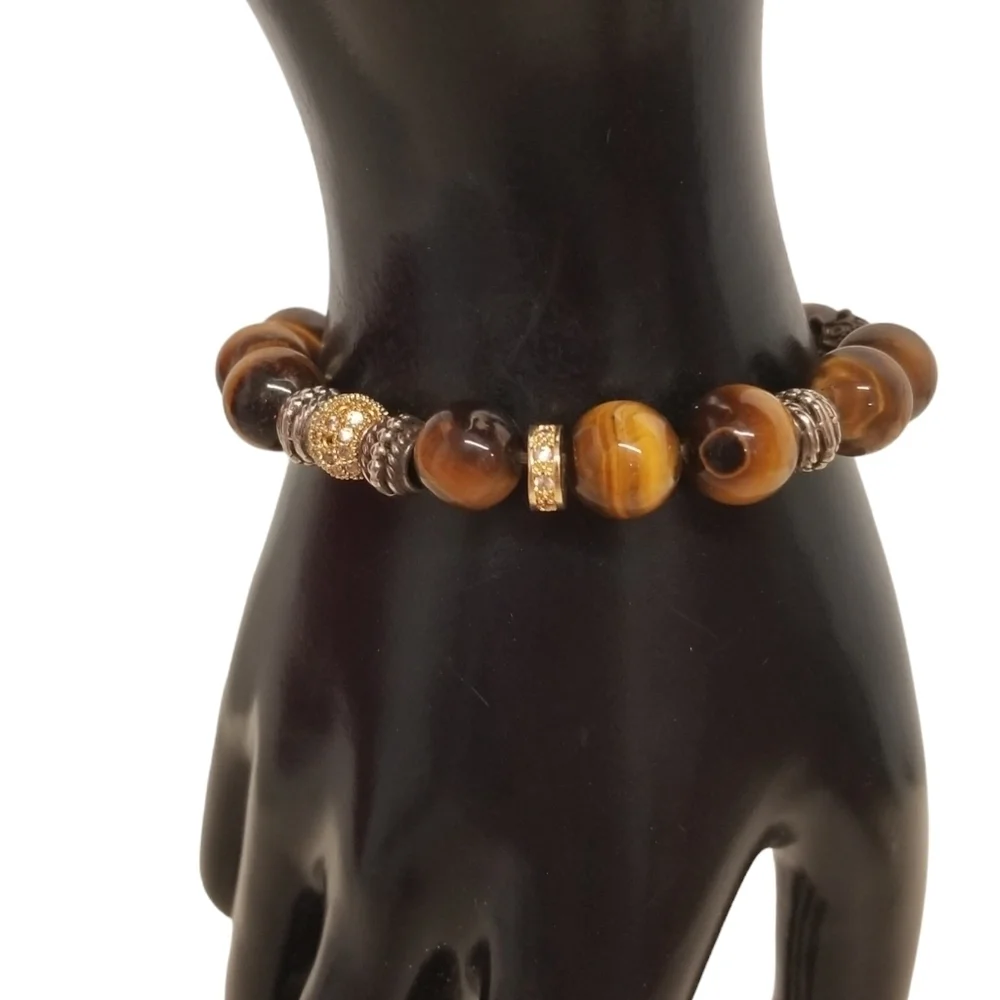 VINTAGE GENUINE TIGERS EYE GEMSTONE & CRYSTAL BEAD STRETCH BRACELET - Picture 2 of 6